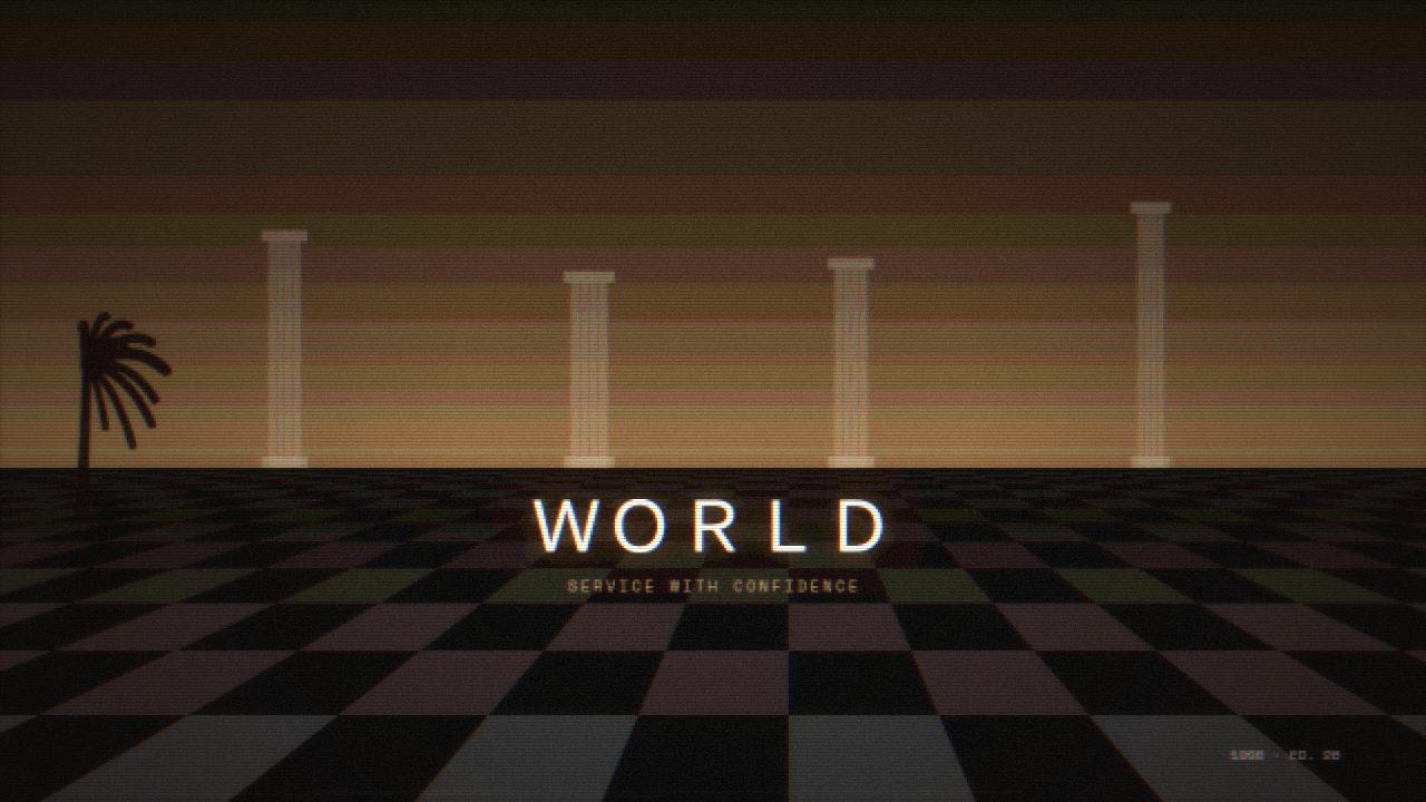 Columns over a dark checker floor — vaporwave desktop wallpaper. An empty atrium: fluted columns, one indoor palm and a checkerboard floor in low brown light.